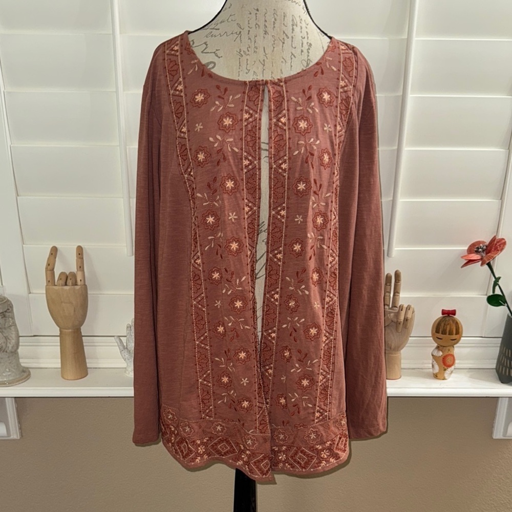 LOGO Lavish Lori Goldstein Open Front Embroidered Cardigan